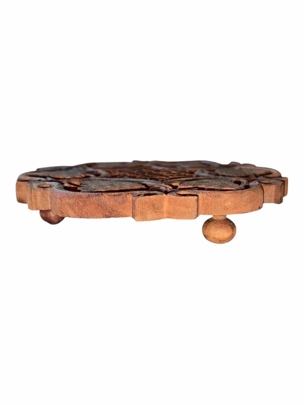 Hand carved inlaid wood trivet with feet #284 Sarna India Honeycomb and leaves